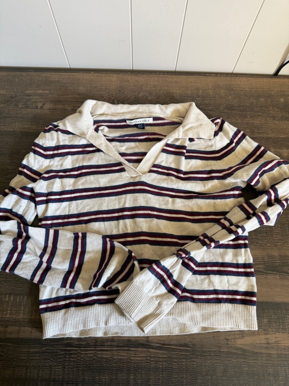 American Eagle Striped Knit Polo Sweater - Cream, Navy & Burgundy